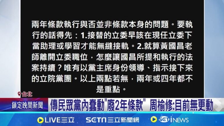 柯文哲官司纏身 傳民眾黨內蠢動"廢立委2年條款" 傳民眾黨內蠢動"廢2年條款" 周榆修:目前無更動 │記者 侯彩紅 林育昇 陳君傑│新聞一把抓20250208│三立新聞台 hq720