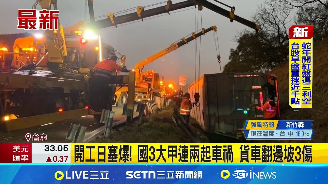 開工日塞爆! 國3大甲連兩起車禍 貨車翻邊坡3傷 大甲南下追撞”上來就塞” 網友好心回報:別上來│記者 張裕坤 張展誌│新聞一把抓20250203│三立新聞台