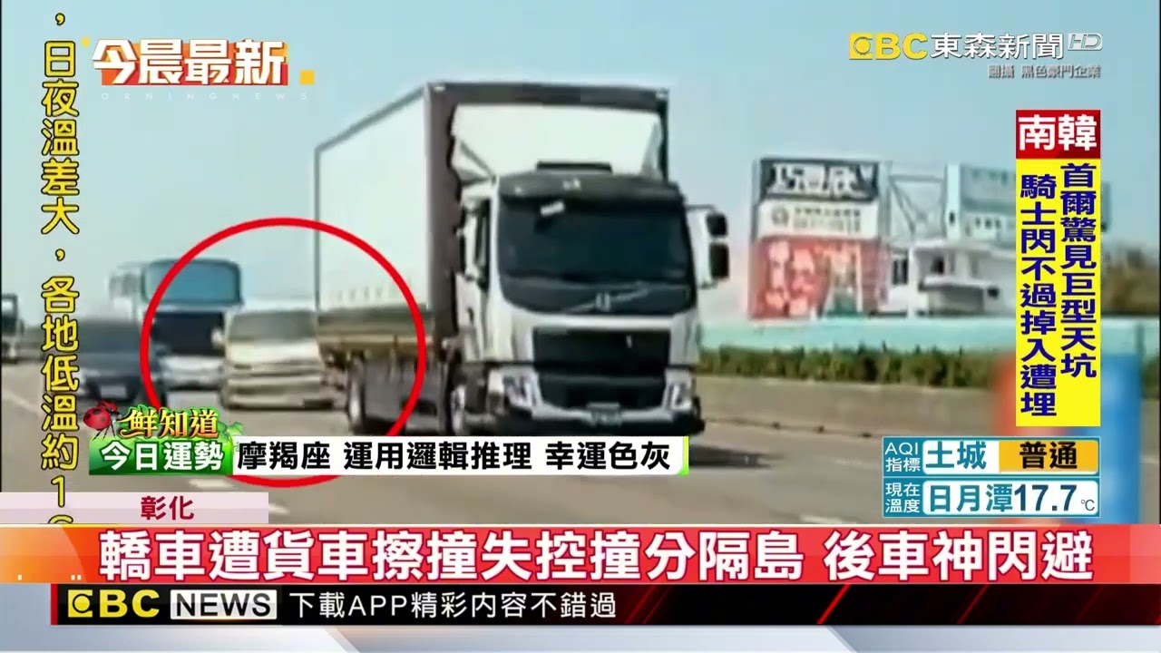 轎車遭貨車擦撞失控撞分隔島 後車神閃避@newsebc